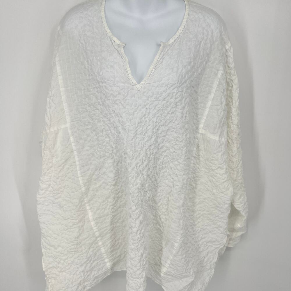 Vintage Eileen Fisher Cream Stretch V Neck Crinkle Sheer Swim Cover Up 2X *READ*